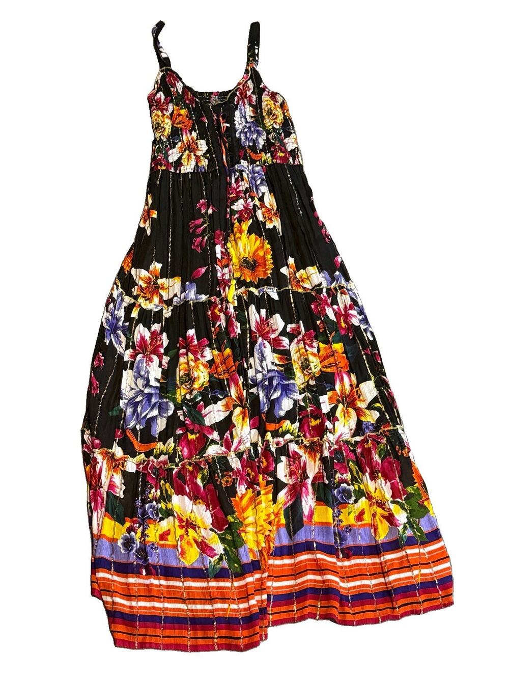 ME 2 MAGIC Anthropologie Floral Maxi Dress Black Colorful Boho Lace Up Sz XL EUC